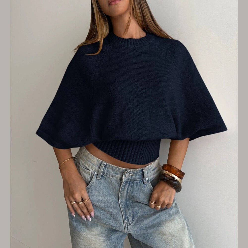 Navy Blue Knit Cape Sleeve Cropped Sweater